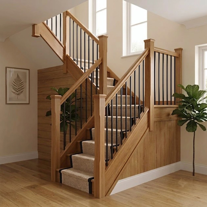 Oak With Black Metal Square Spindles