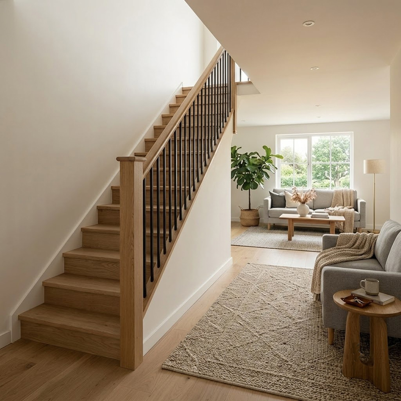 Sleek Oak and Tubular Iron Balusters